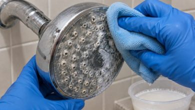 Cabezal de regadera con depósitos minerales acumulados alrededor de los orificios de salida del agua