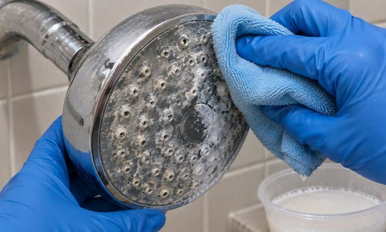 Cabezal de regadera con depósitos minerales acumulados alrededor de los orificios de salida del agua