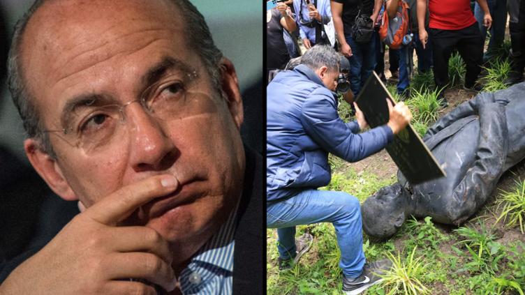 Estatua de Felipe Calderón dañada en el Complejo Cultural Los Pinos durante una protesta