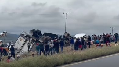 Tráiler cargado con carne volcado junto a la carretera Saltillo-Torreón mientras autoridades resguardan la zona